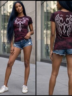 Sinful Love Pride Goth Cross Wing Rhinestone Burgundy Black Graphic Retro Top L